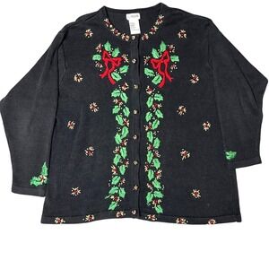 Vintage VJ Woman Black Embroidered‎ Holly Christmas Cardigan Sweater Size 1X